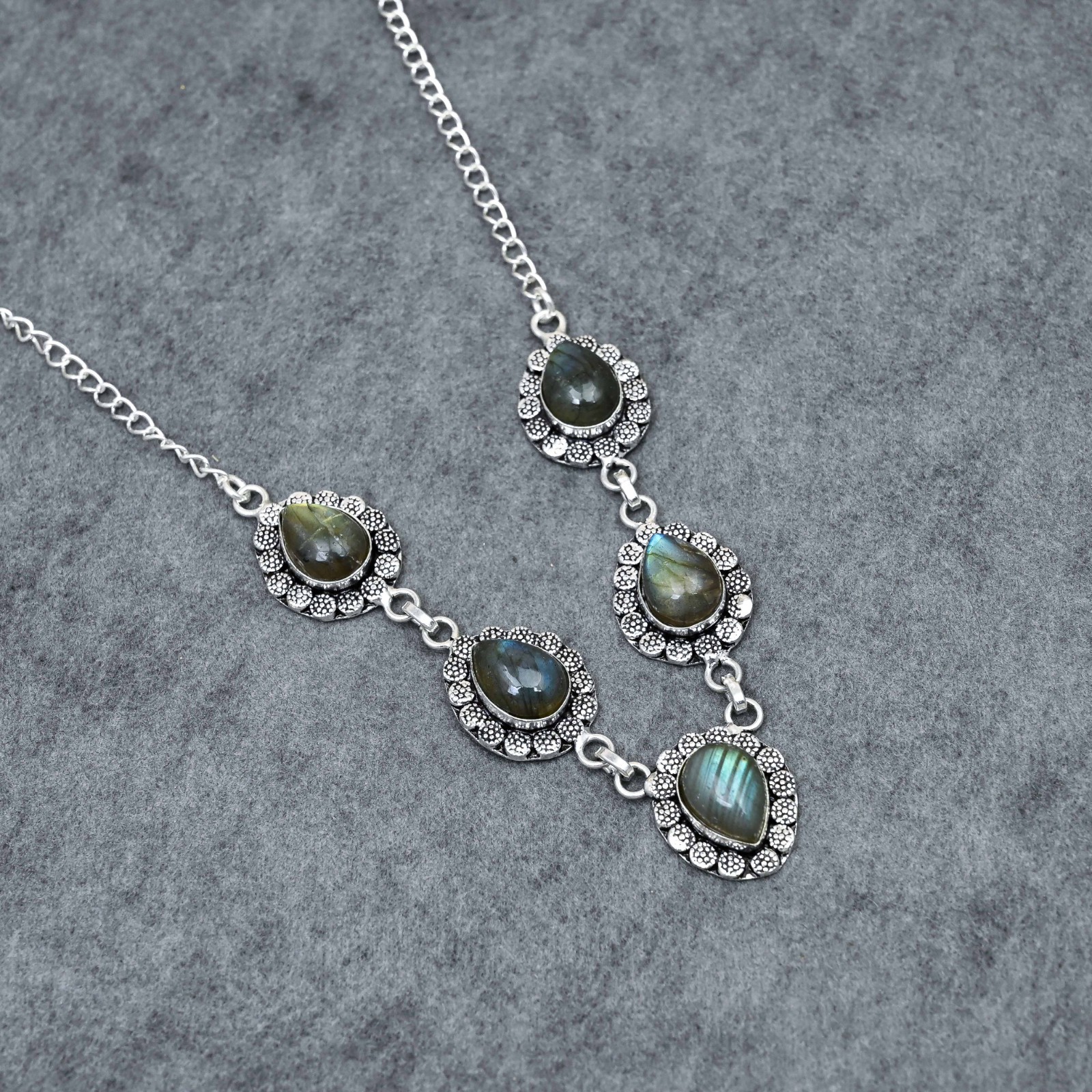Silver Plated Labradorite Y-Necklace | Multi-Stone Milgrain Cabochon | Artisan