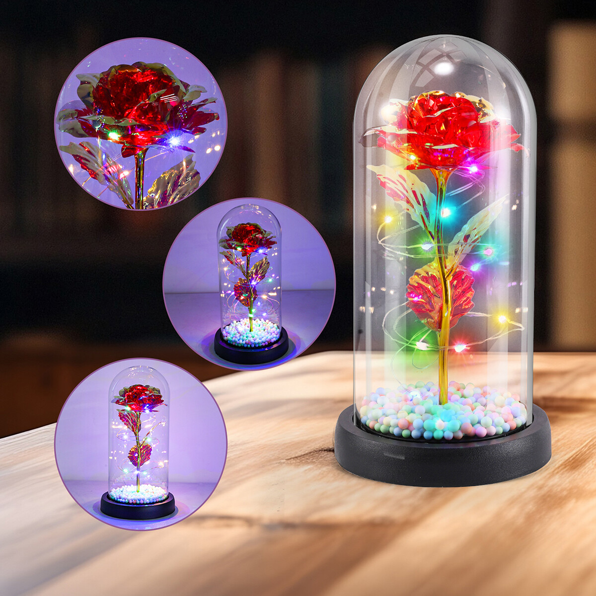 Preserved Eternal Gold Foil Rose In Glass Galaxy Flower Dome LED Light Gift Her