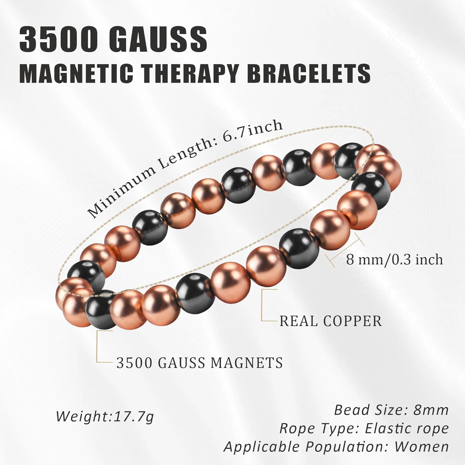 Copper Bracelet for Women and Men, 8MM Copper Magnetic Bracelet with 3500 Gauss