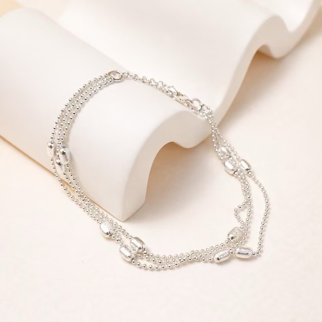 Silver Layered Ball Chain Bracelet,Triple Chain Bracelet, Adjustable BR046