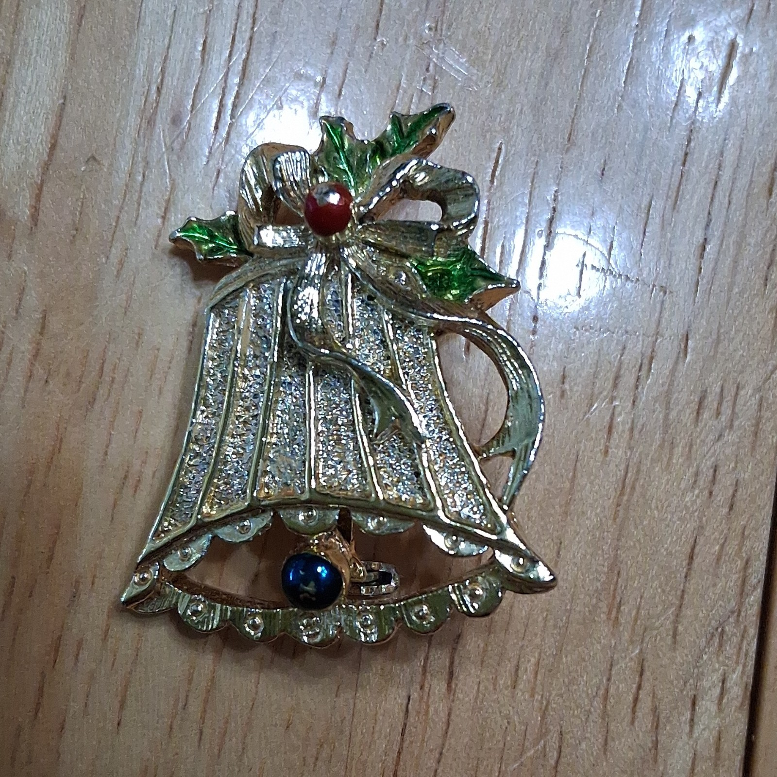 Lot of 5 Christmas Enamel Rhinestone Dangling Brooch Pins Tree Wreath Bells