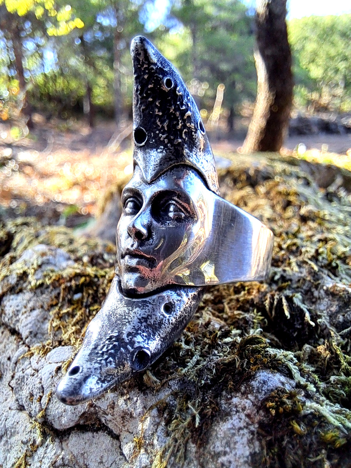 Moon Goddess Silver Ring, Crescent Moon Face Ring