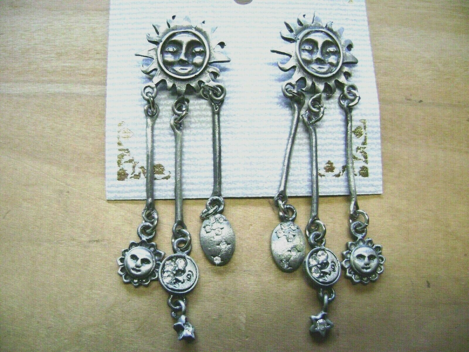 NWT- PEWTER HIPPIE/HOBO DANGLEY SUN WITH FACE, MOON, STARS PIERCED EARRINGS