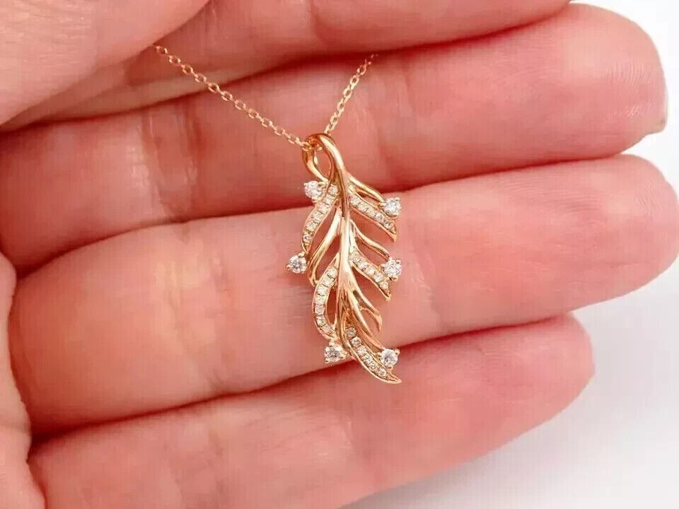 14k Rose Gold Plated In Round Cut Simulated Diamond Stunning Leaf Shape Pendant