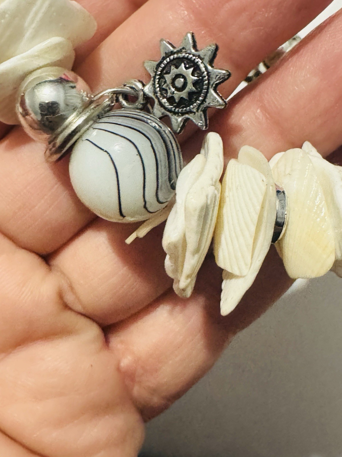 cream shell bead silver tone charm stretch bracelet fun beach Boho bracelet