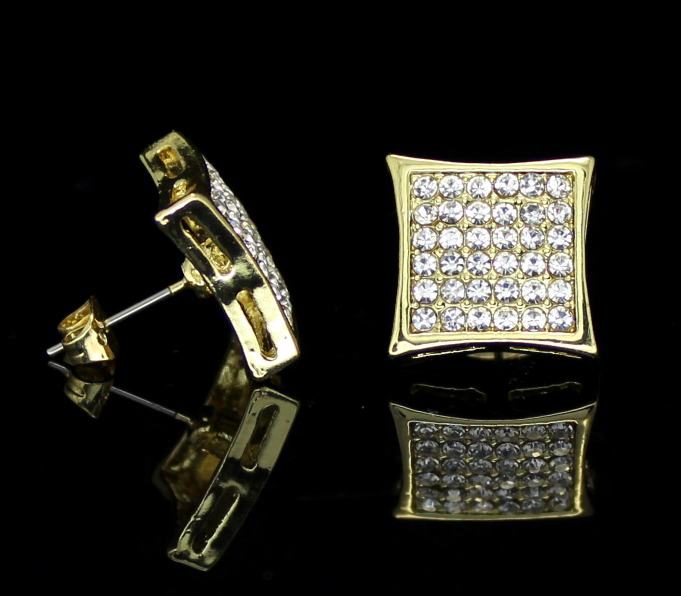 Mens Medium Kite Shape 15mm Earring 14k Gold Plated HipHop Push Back CZ Studs