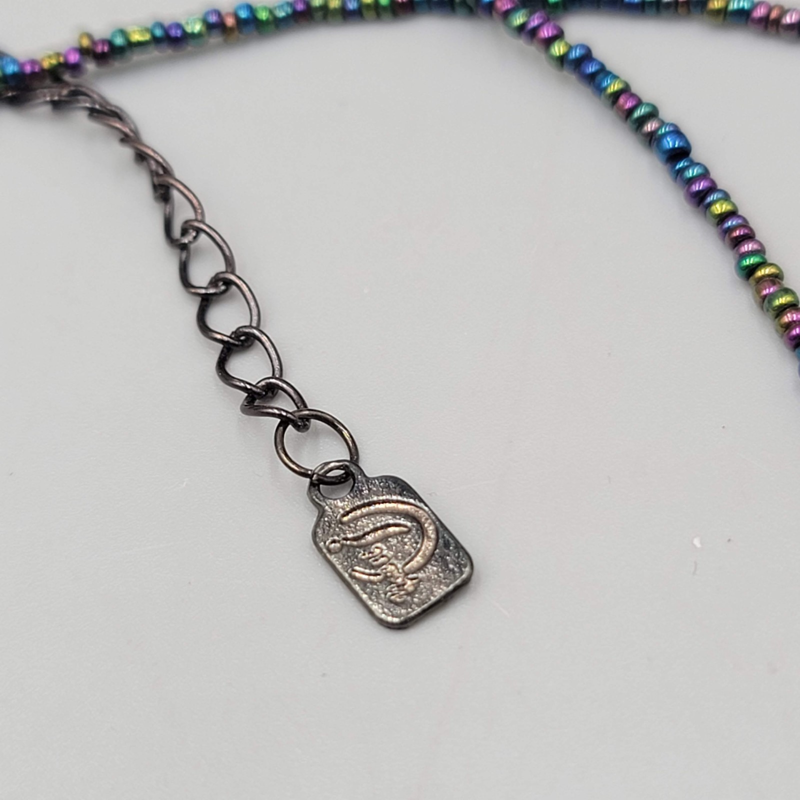 Signed Beaded Necklace Long 30 in Black Purple Green Triple Layer