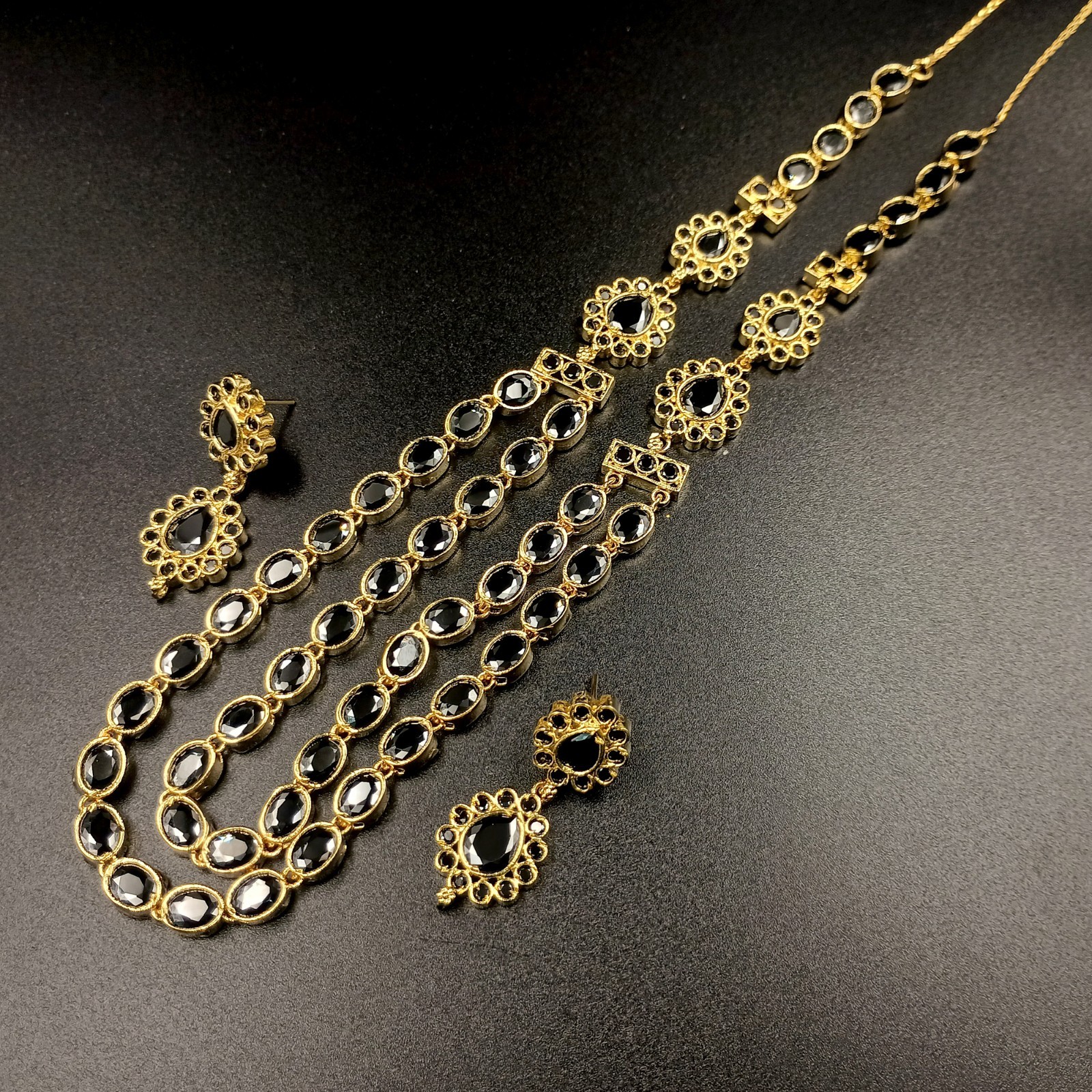 Boho 2 Layer Black Onyx Bead Necklace Set 22K Yellow Gold Plated Oval Stone Set