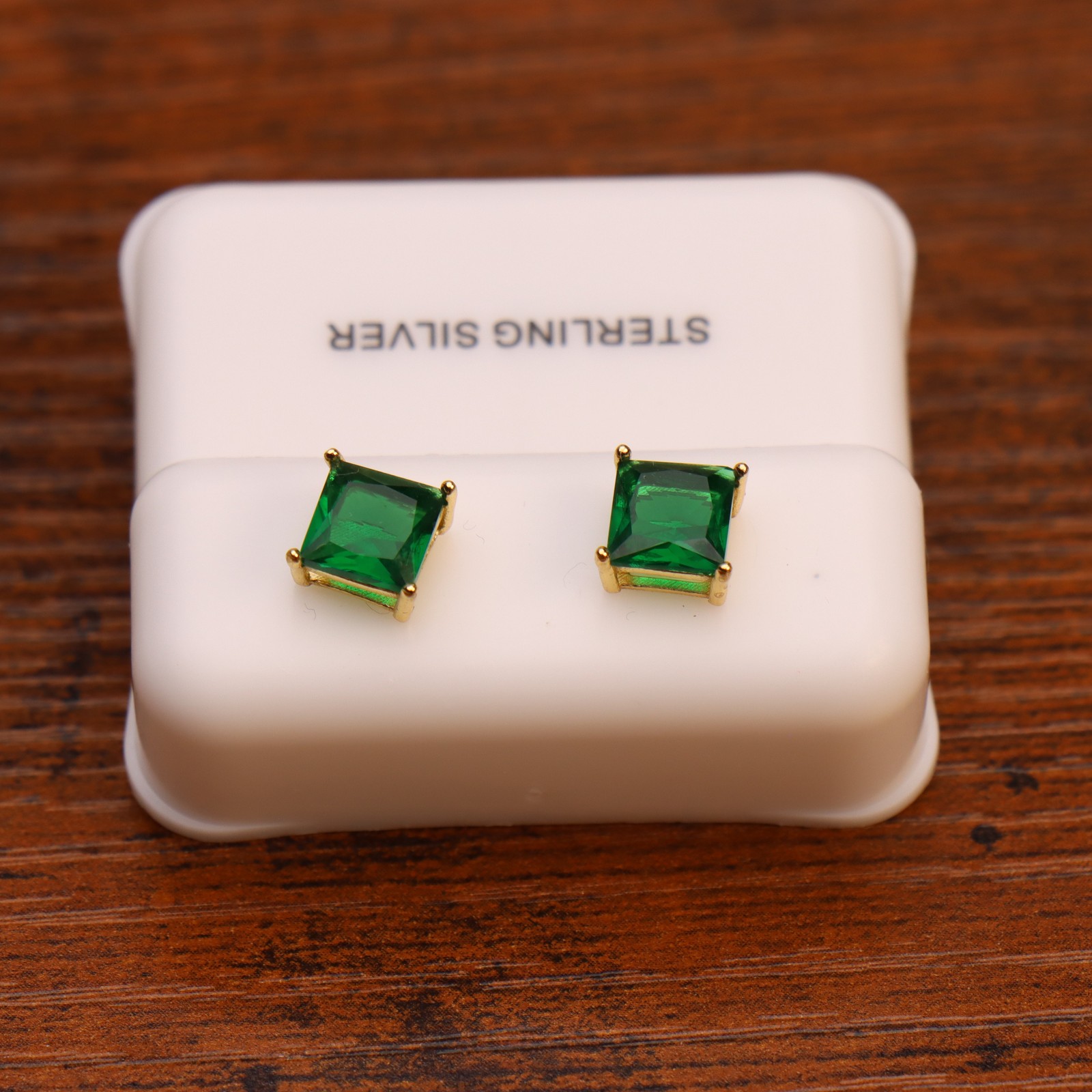 Green Cz Earrings Square 14k Gold over 925 Sterling Silver