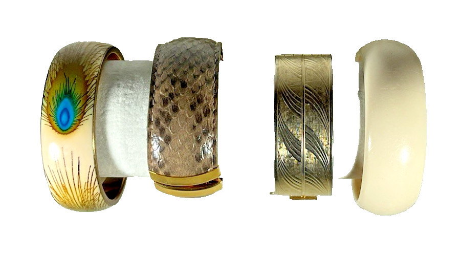 Lot 4 Bracelets Cuff Bangle 1″ Wide Mixed Materials 2 Hinged 2 Slides Classic