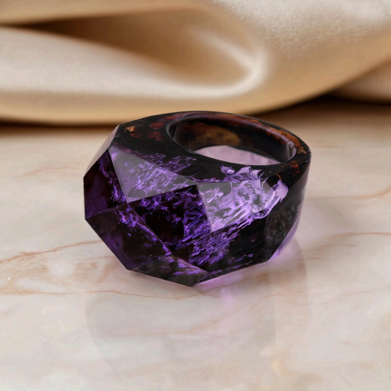 Wood Resin Ring Amethyst Purple Epoxy Landscape Faceted Statement Ring Handmade