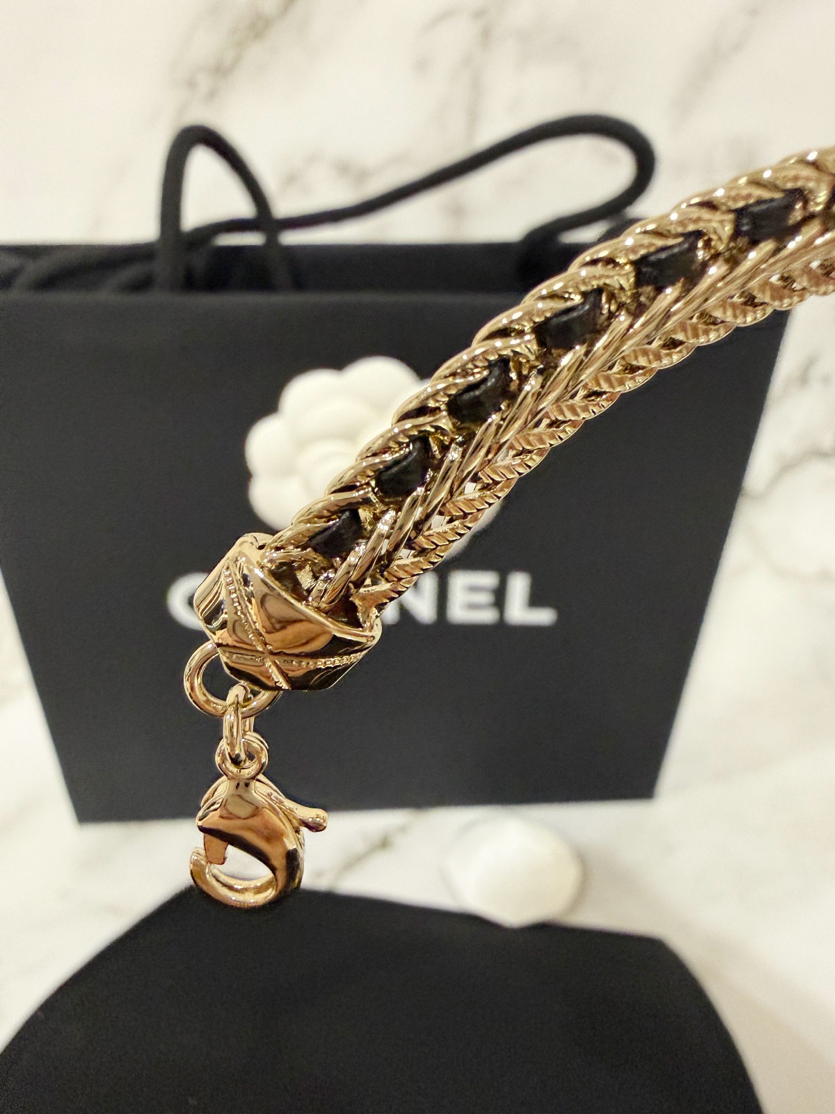 CHANEL Gold Black Leather Woven Chain Choker Necklace CC Logo BRAND NEW