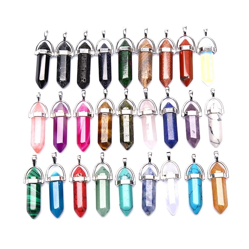 Wholesale 30pcs Natural Mixed Stone Pendants Hexagonal Pillar Pendulum Necklaces