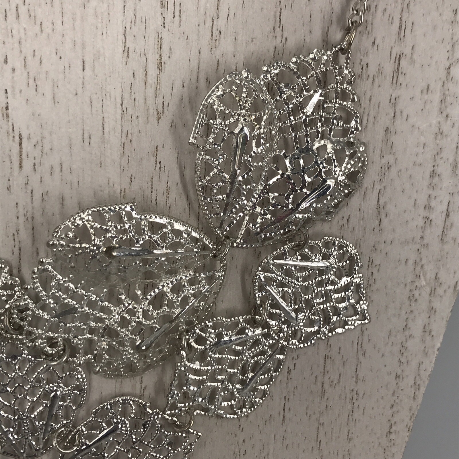 Bohemian Silver Tone Filigree Open Work Lattice Floral Bib Necklace 18″
