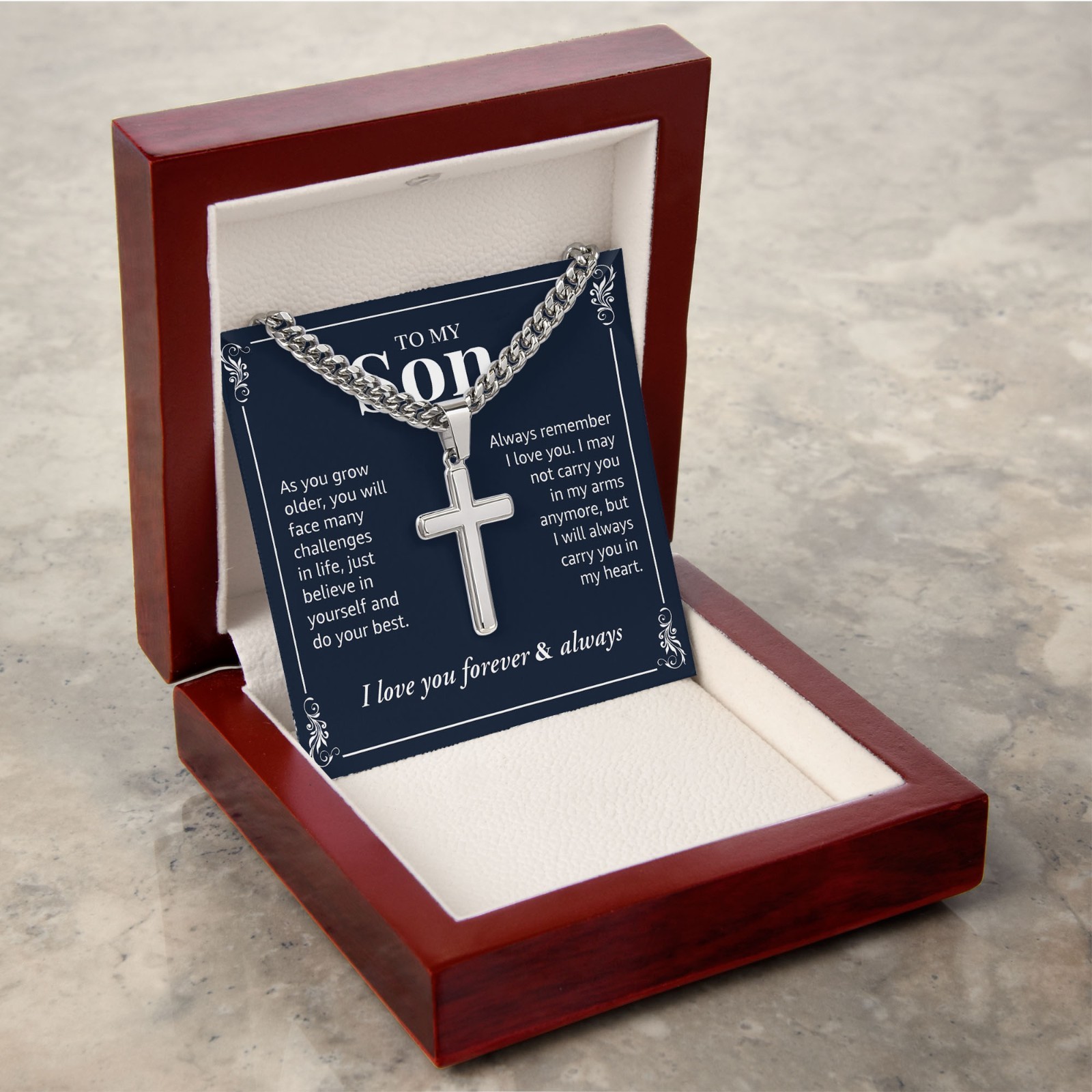To My Son Cross Necklace Cuban Link Chain, Faith Jewelry Bday Baptism Religious