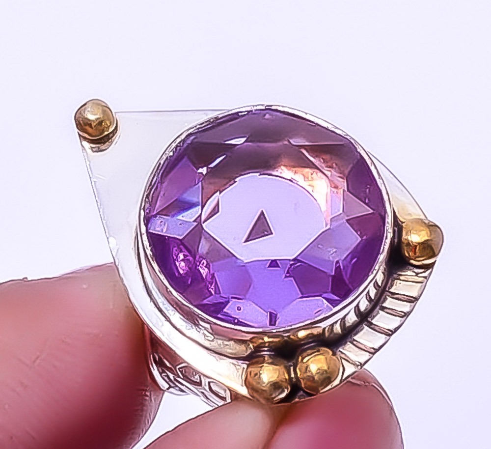 Amethyst- 925 Sterling Silver Two Tone Gold Plated Ring s.7 A38