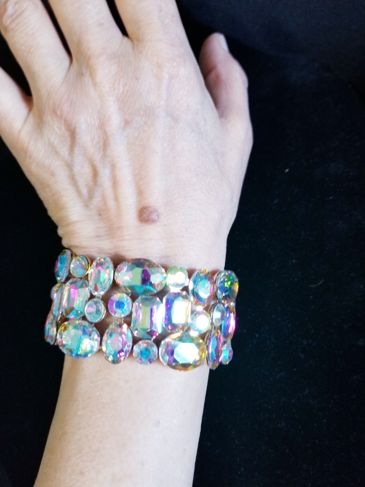 Iridescent Gold Rhinestone Stretch Bracelet Statement Drag Pageant Prom Bridal