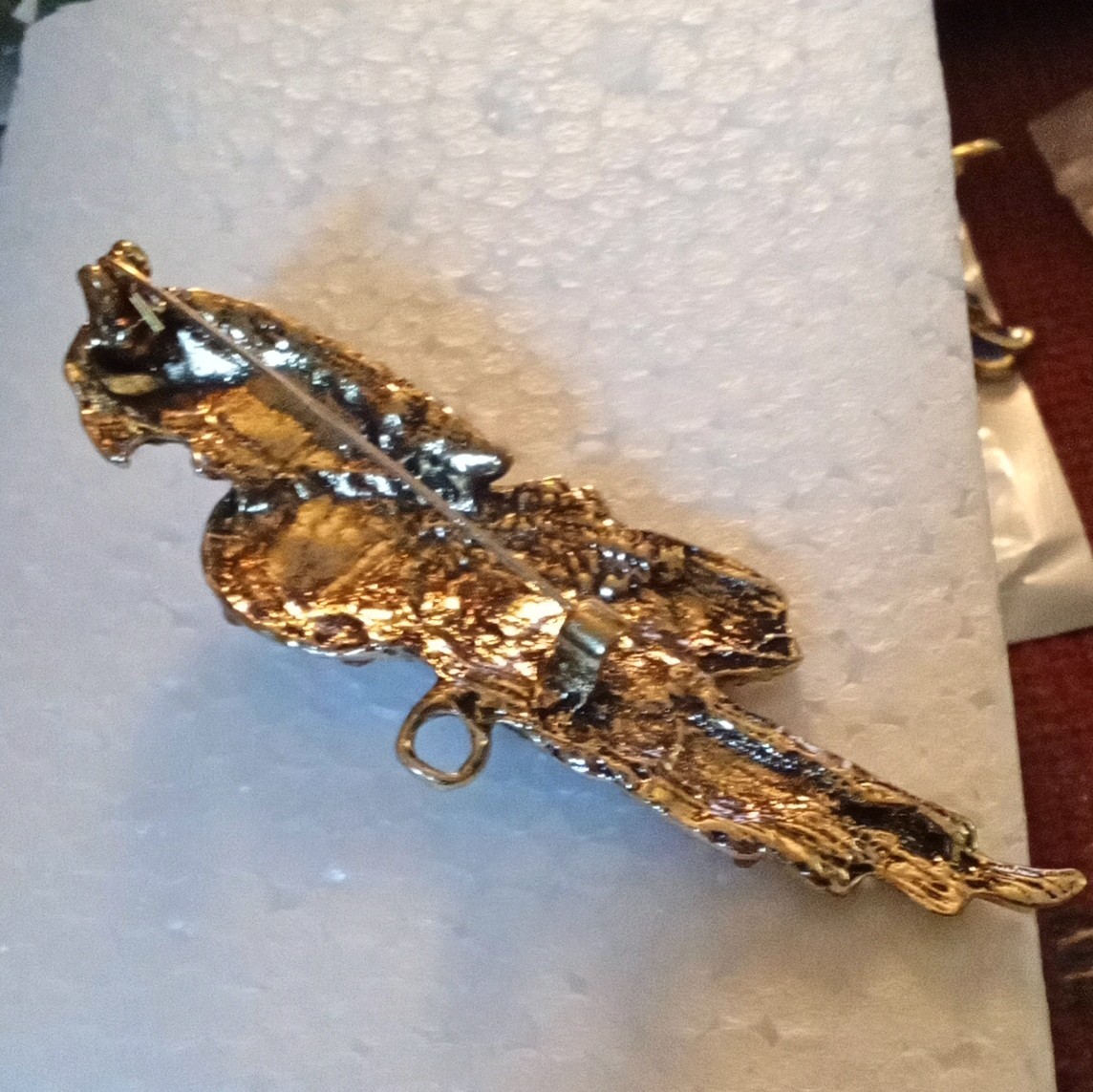 Gold Tone Rhinestone Parrot Bird Brooch Pin, Brown Clear Stones, Red Beak