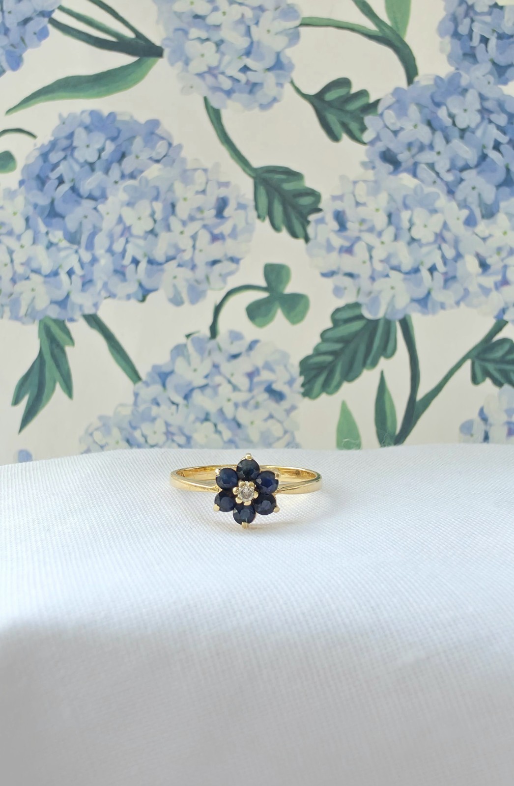 14k Solid Sapphire & Diamond Flower Cluster Ring Sz 6.5 Vtg Ring Everyday Wear