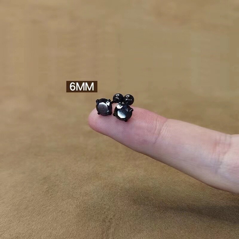 Womens Round Black CZ Crystal Screw Back Earrings Surgical Steel Ear Stud 2Pcs
