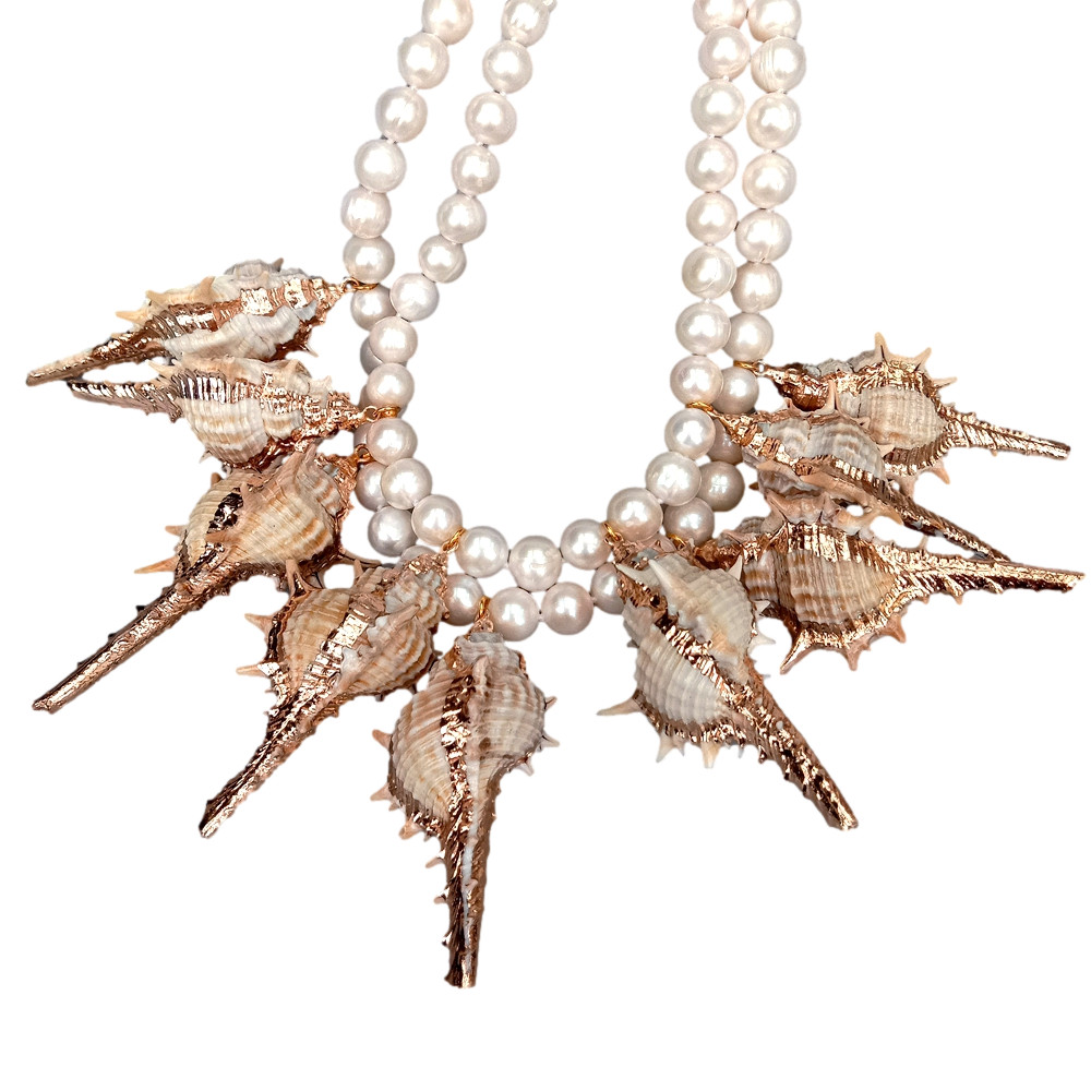 2 Strands Freshwater Cultured White Pearl Sea Shell Statement Necklace 18″