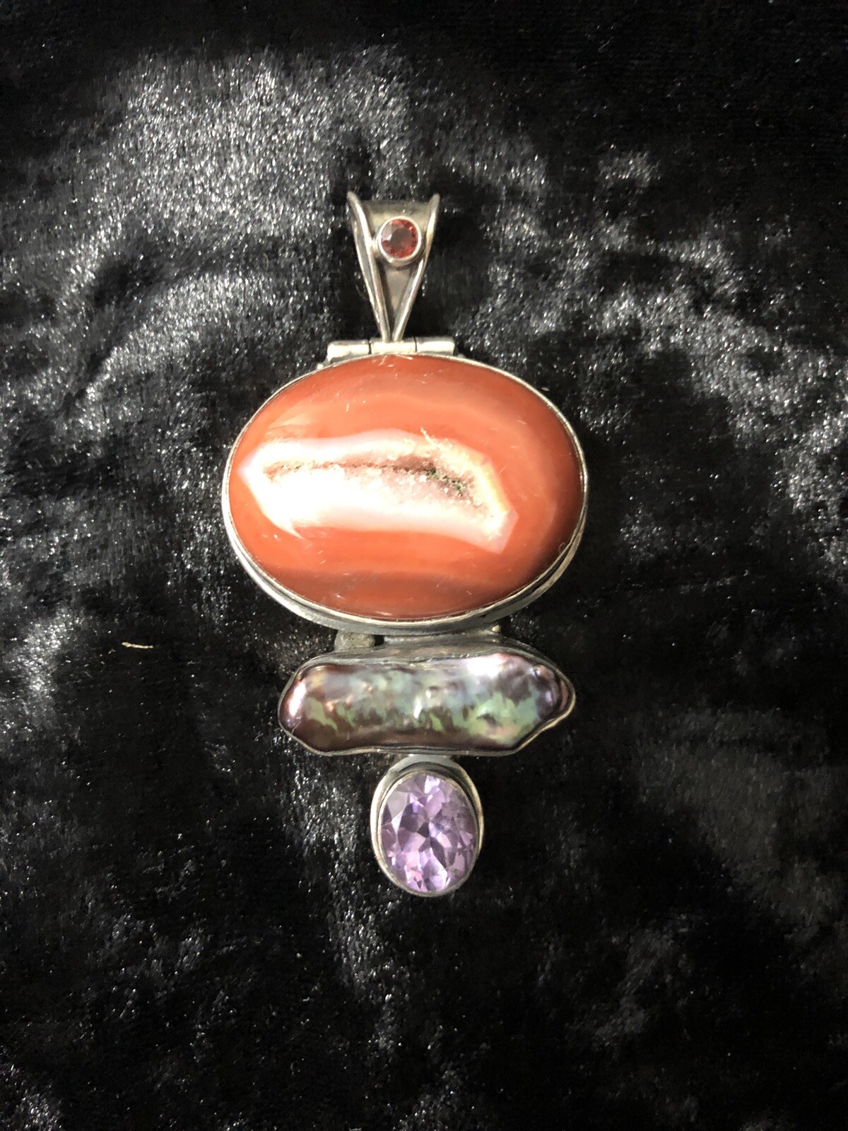 AGATE DRUZY HALF GEODE PENDANT IN 925 STERLING SILVER SETTING with other stones