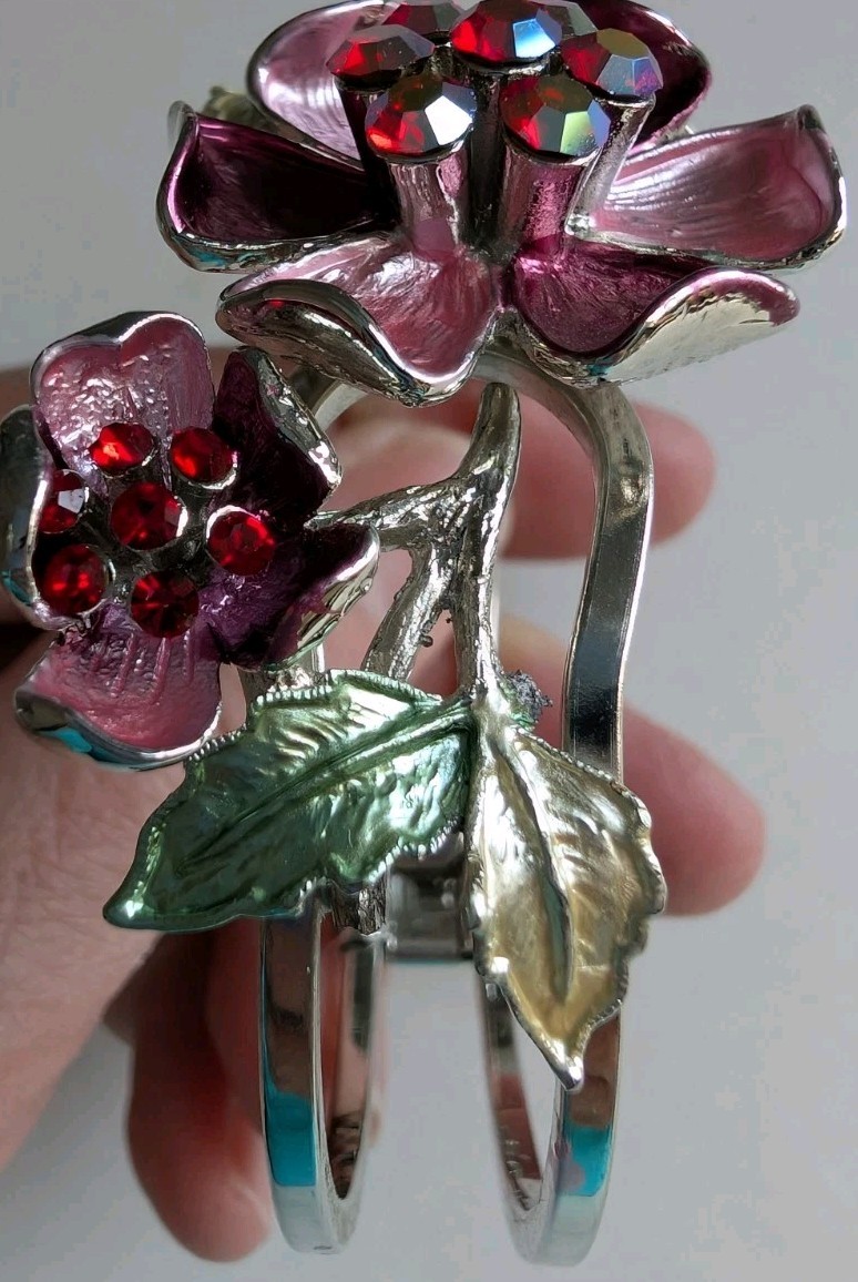 Gorgeous Spring Bling Flower Butterfly Bracelet Pink Red Yellow Enamelware Cuff