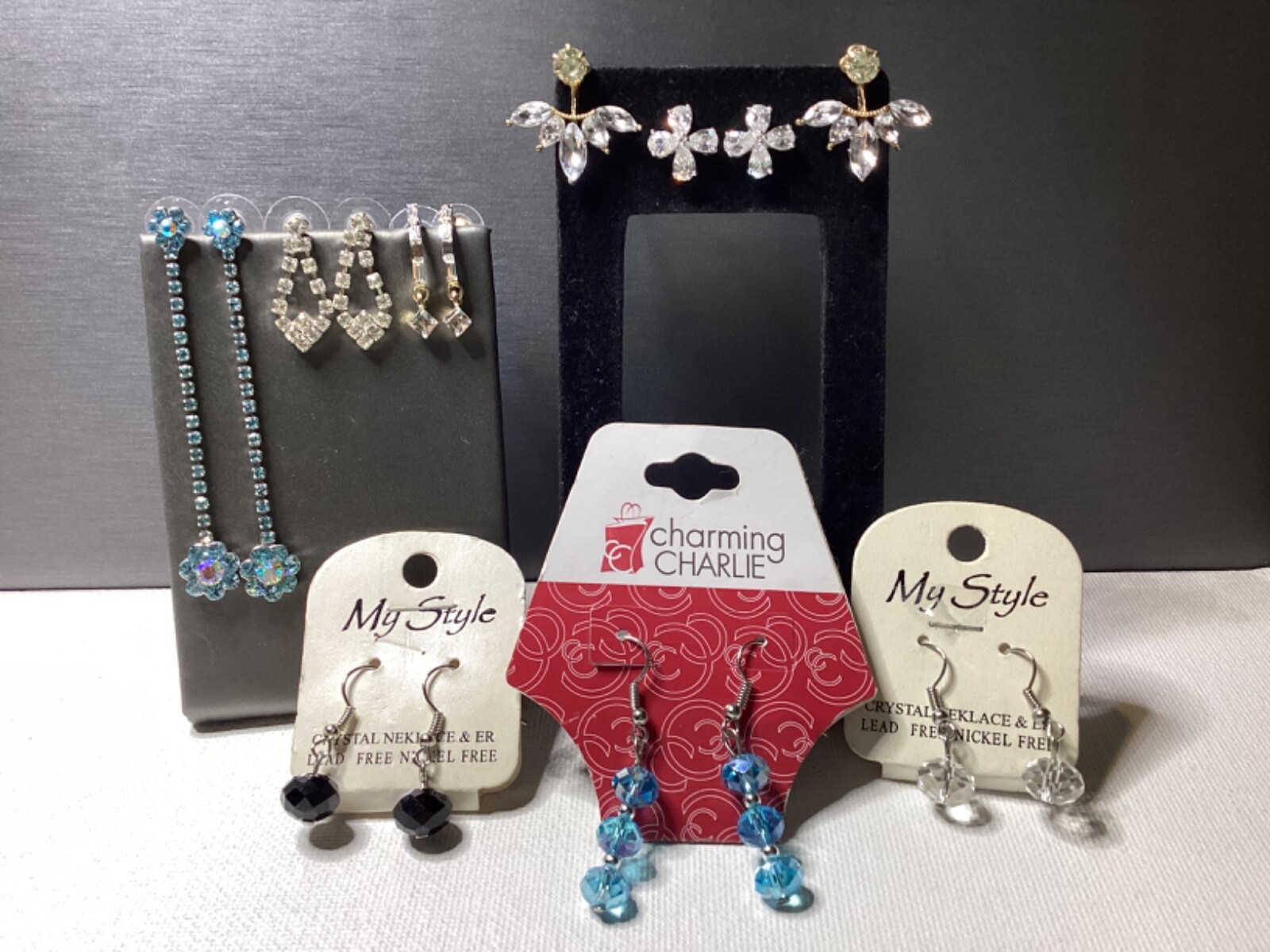 Rhinestone/Crystal Pierced Earrings Jewelry Collection 8 Pair Lot