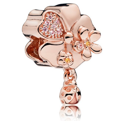 RARE Pandora Rose Gold Wildflower Meadow Ladybug Dangle Crystal Charm