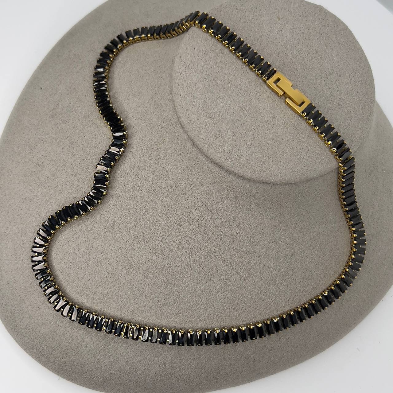 Gold Baguette Tennis Necklace Black Crystal Stainless Steel Choker Necklace