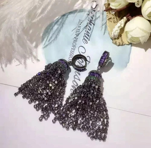 18k Black Rhodium Filled Purple Amethyst Gemstone Long Tassel Earrings Gorgeous