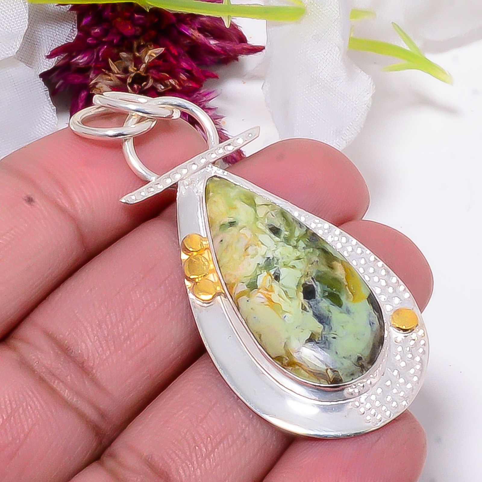 Chrome Chalcedony 925 Sterling Silver Two Tone Designer Pendant 1.95″ Sku24