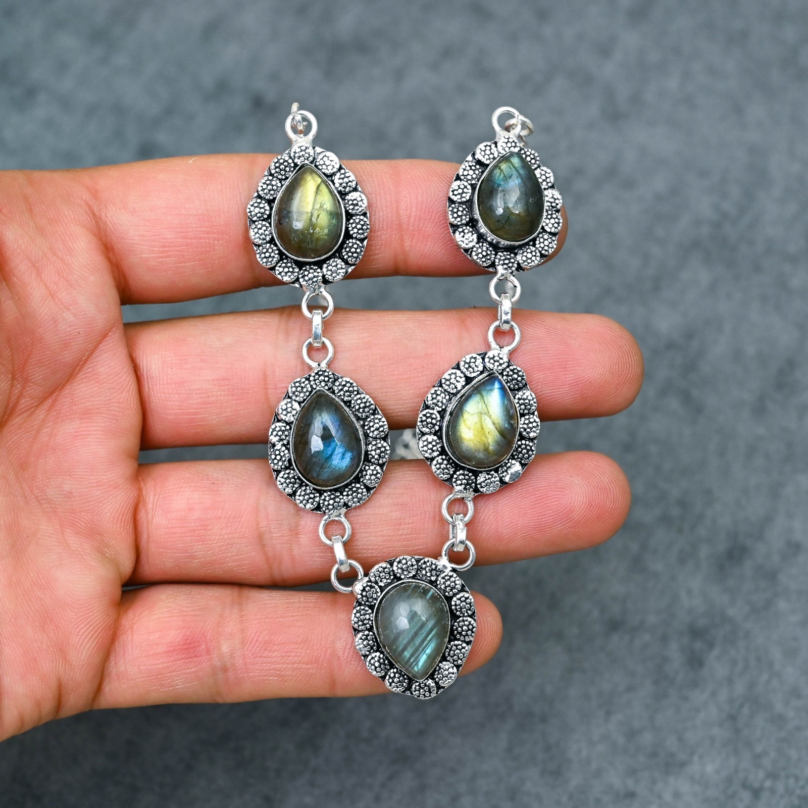 Silver Plated Labradorite Y-Necklace | Multi-Stone Milgrain Cabochon | Artisan