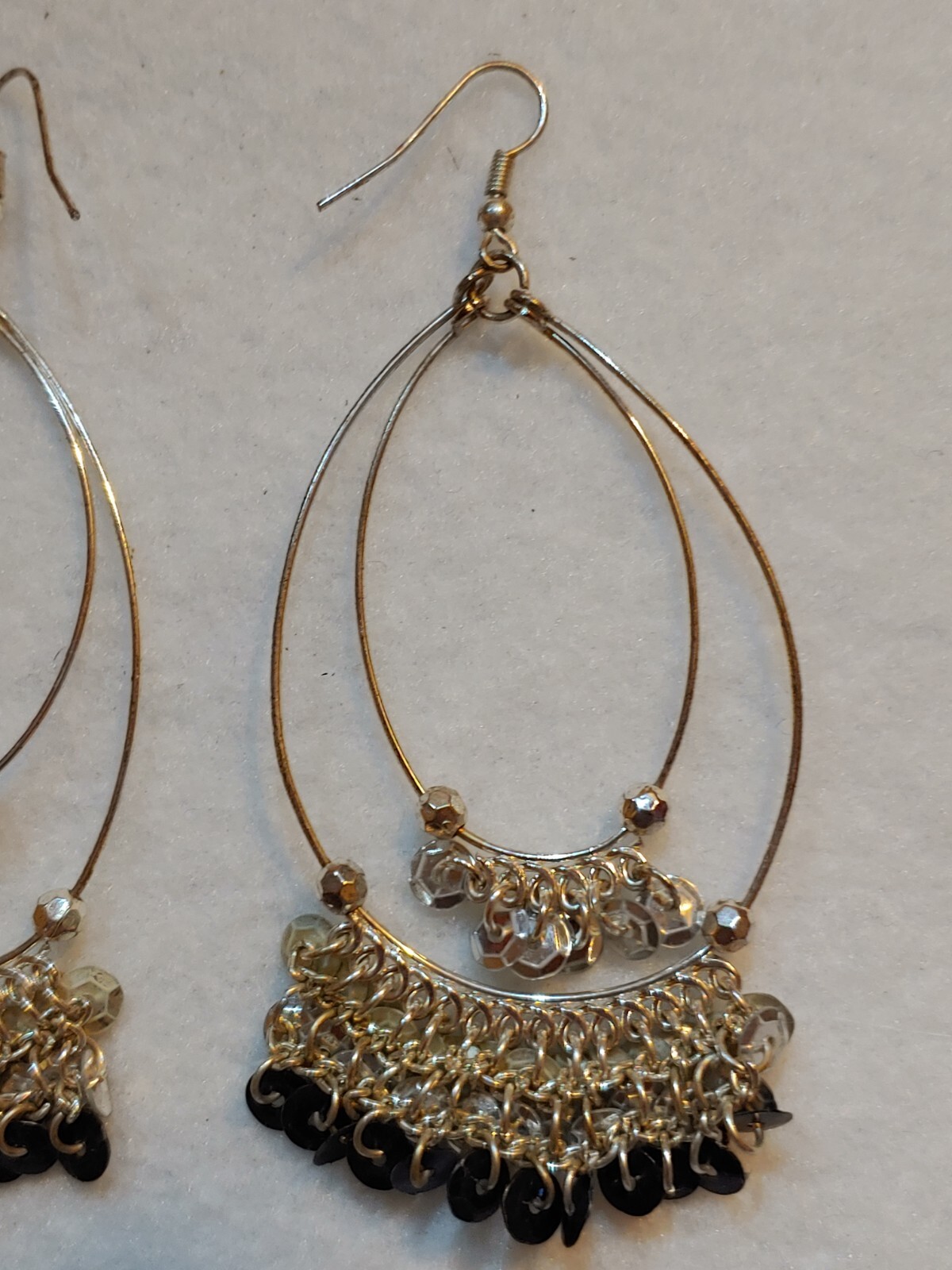 Pierced Earrings Silvertone Dangling Double Teardrop chain beaded as seen in pic