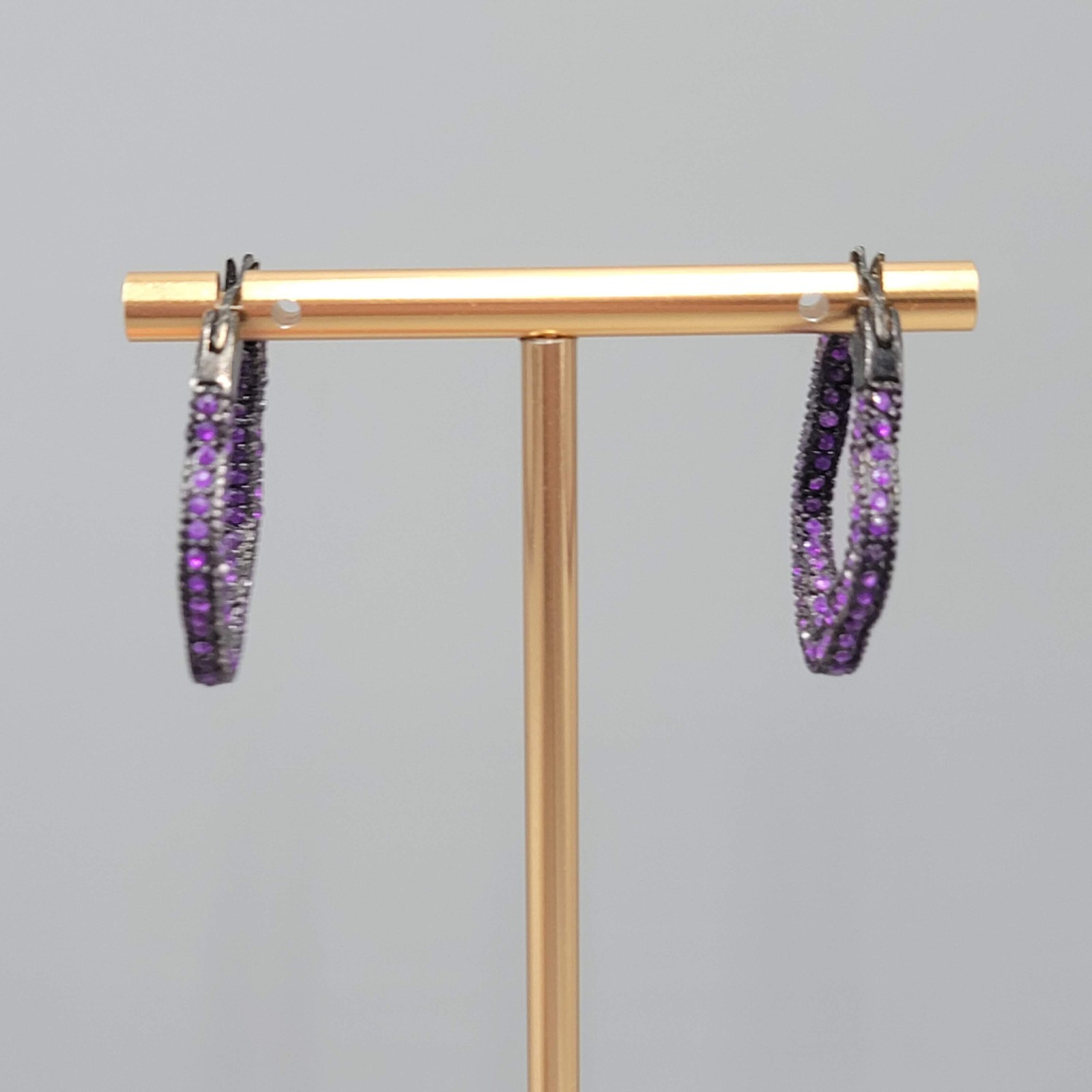 Scallop Hoops Purple Crystal Pierced Earrings Black Enamel Drop 1 1/8″
