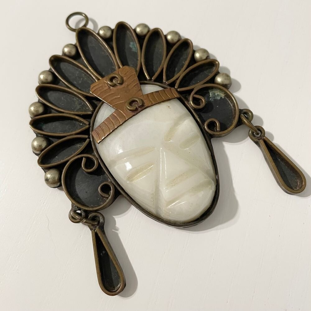 Large Vintage Mexican Carved White Onyx Aztec Warrior Pendant Copper Brass