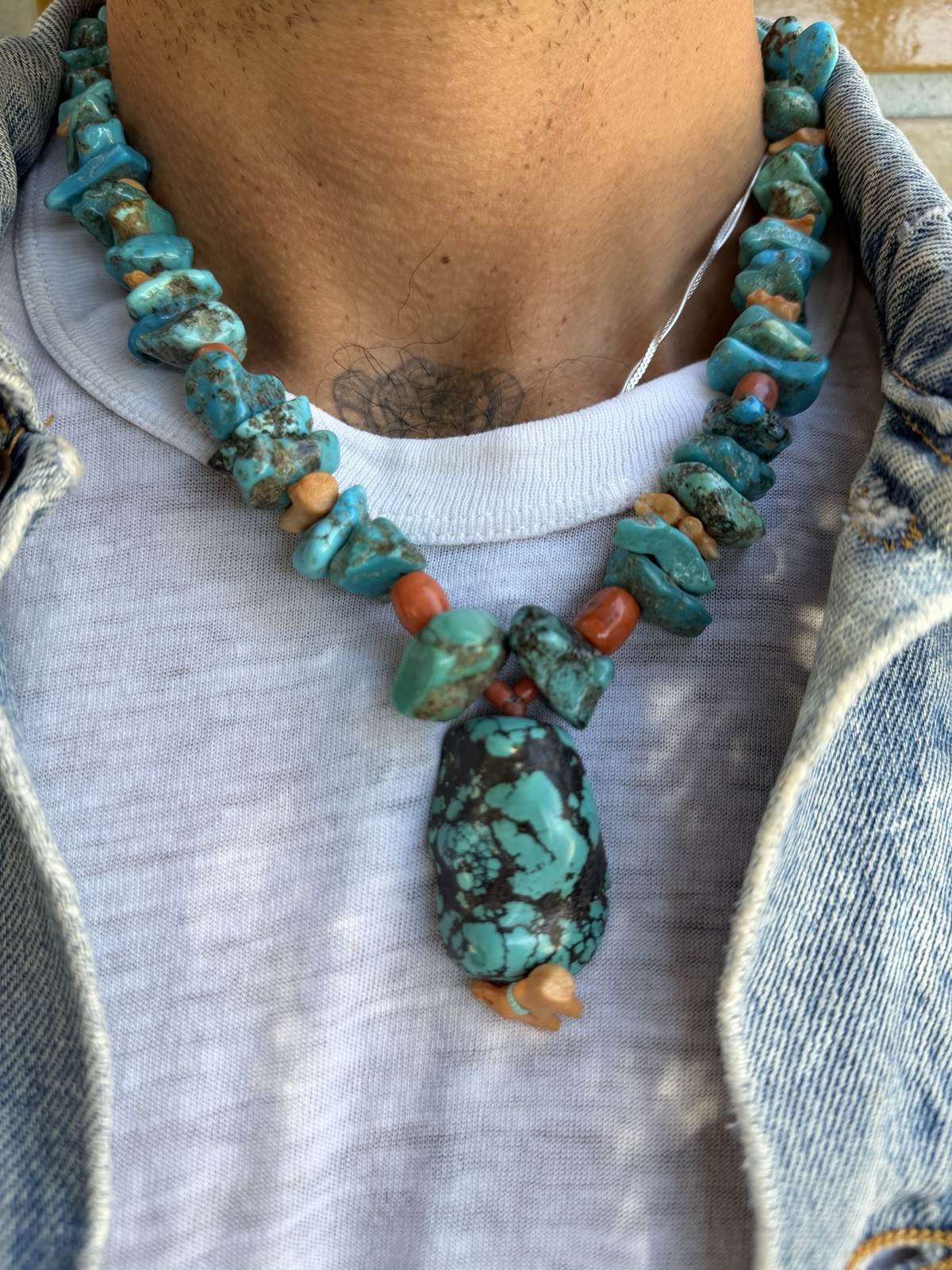 70s VTG Turquoise and Coral Chunky Necklace