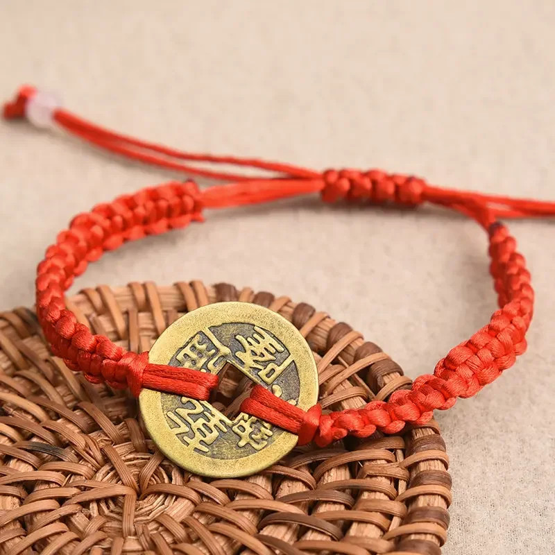 Lucky Five Emperor Money Real Copper Coin Braided Red Rope Bracelet Good Luck