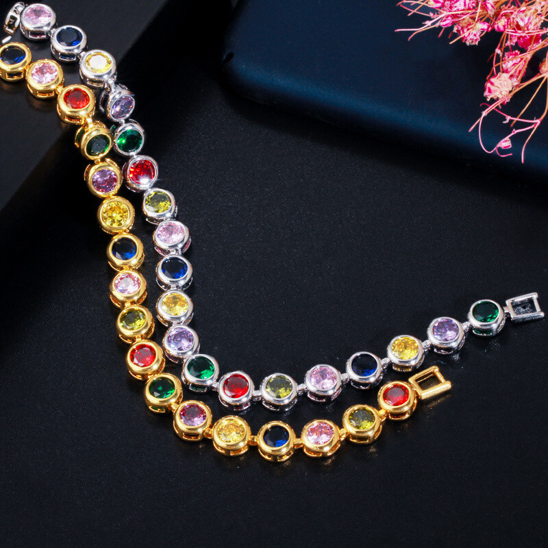 Gorgeous Gold Plated Colorful Round Cubic Zirconia Tennis Bracelet Women Jewelry