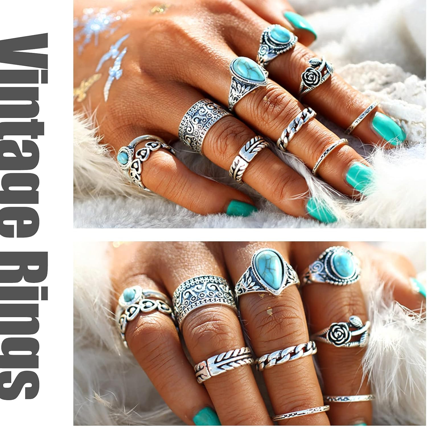 82 Pcs Vintage Silver Knuckle Rings Set for Women, Bohemian Stackable Joint F…