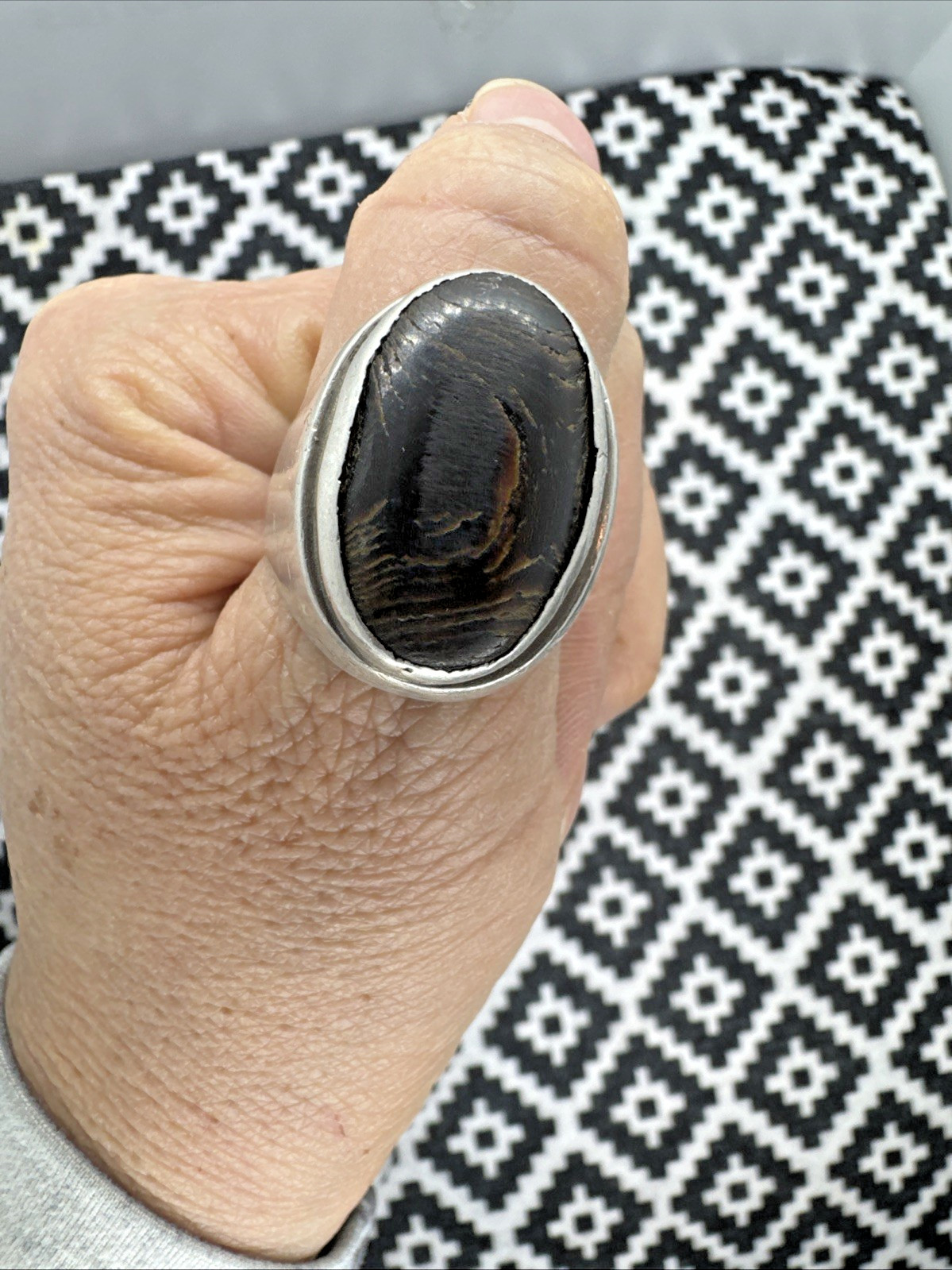 Vintage Copper Black Obsidian 925 Sterling Silver Ring