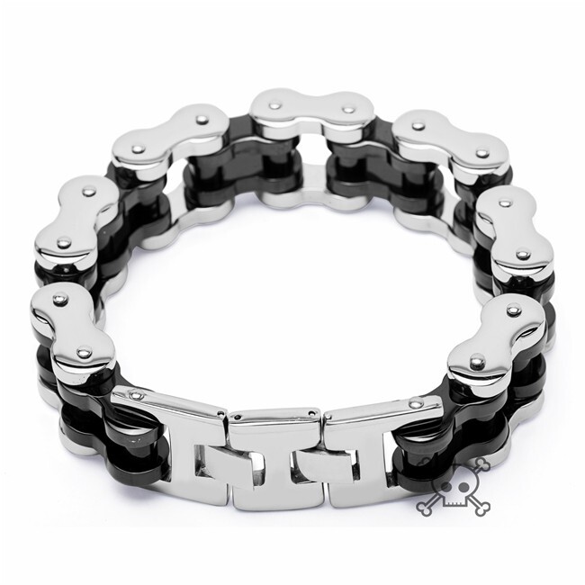 Black Silver Tone 18mm Stainless Steel Motorcycle Bike Chain Link 9 in Bracelet
