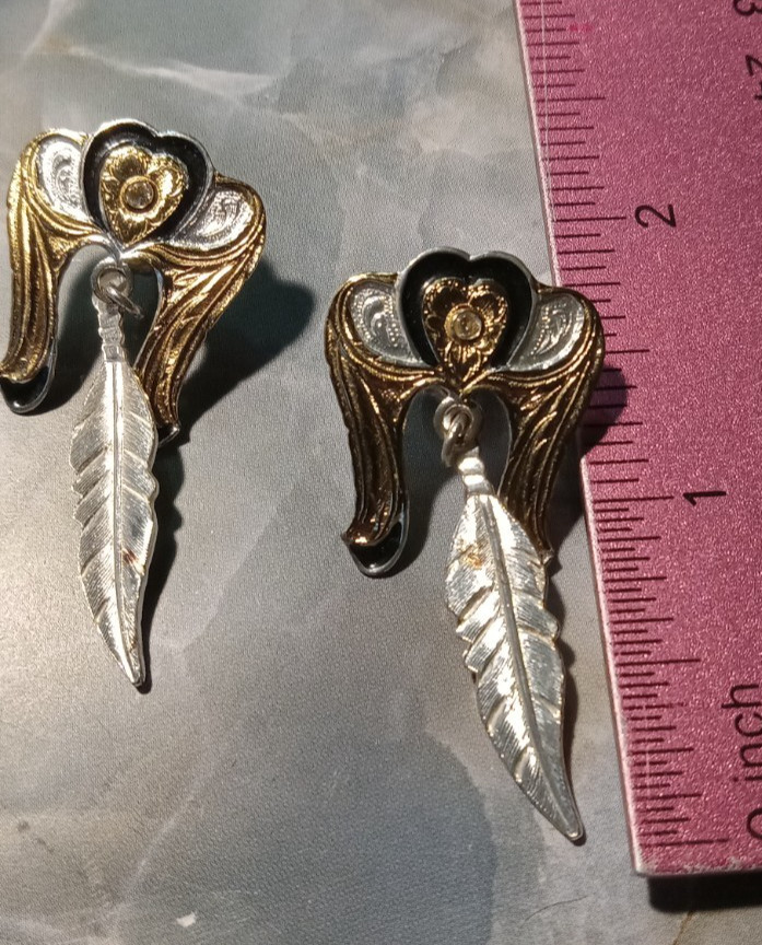 Silver color & Gold-Plated Black Enamel, Wings & Feather Southwestern Earrings