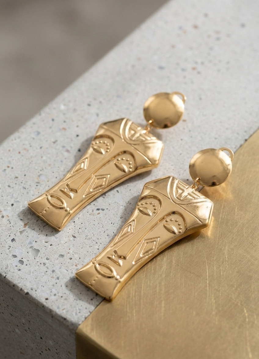 Vintage Gold Abstract Face Mask Statement Earrings