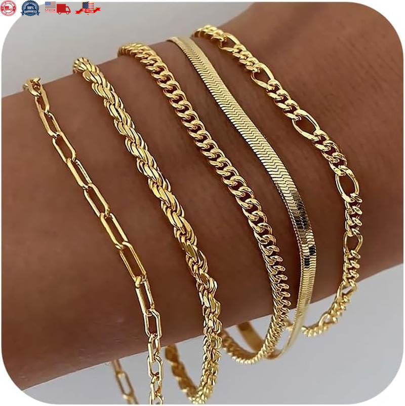 Gold Bracelets for Women Waterproof, 14K Real Gold Jewelry Sets for Women Trendy