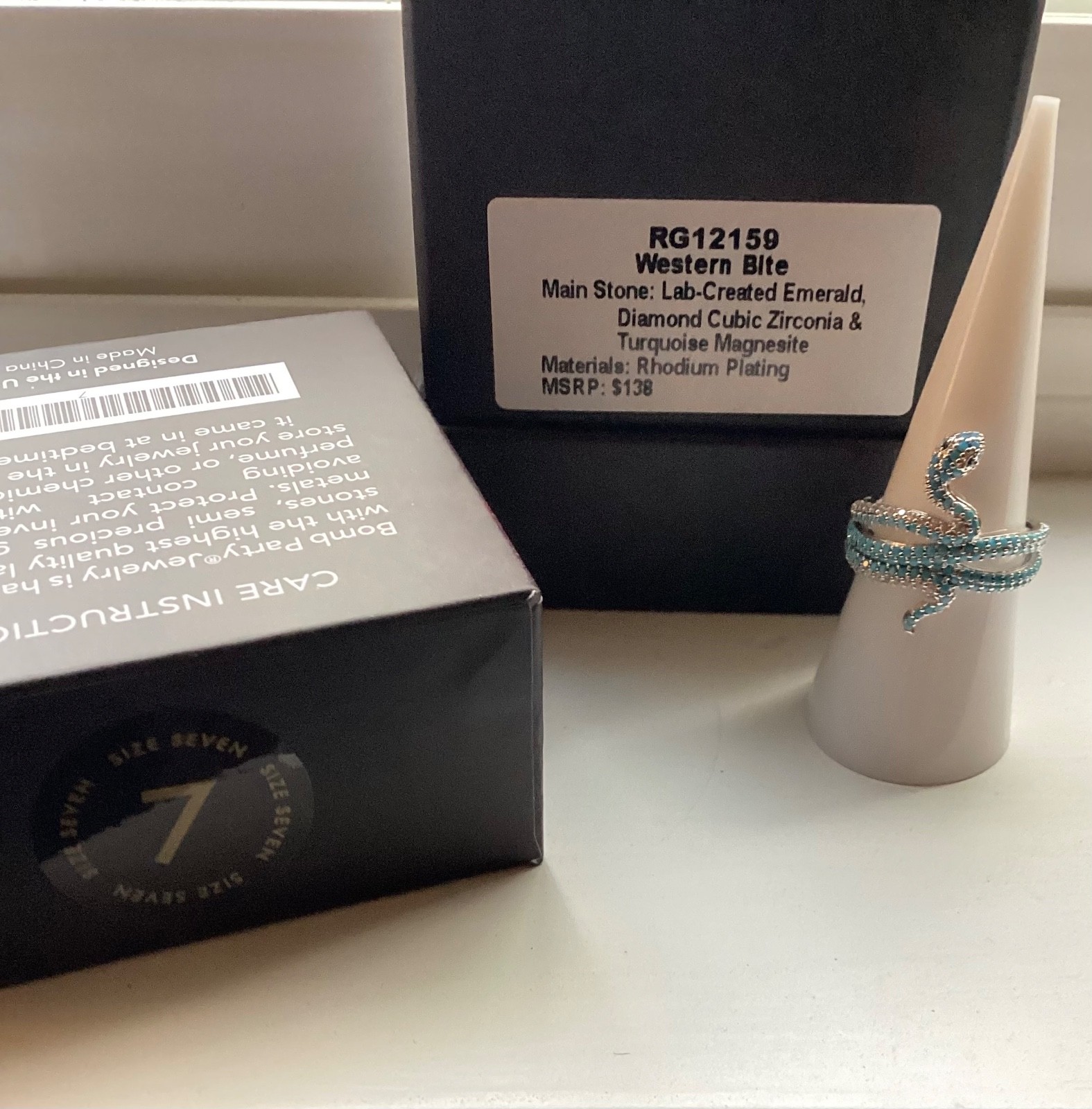 Bomb Party OUTLAW “Western Bite” Snake Sz 7 Ring -RG12159 Turquoise Mag/Rhodium