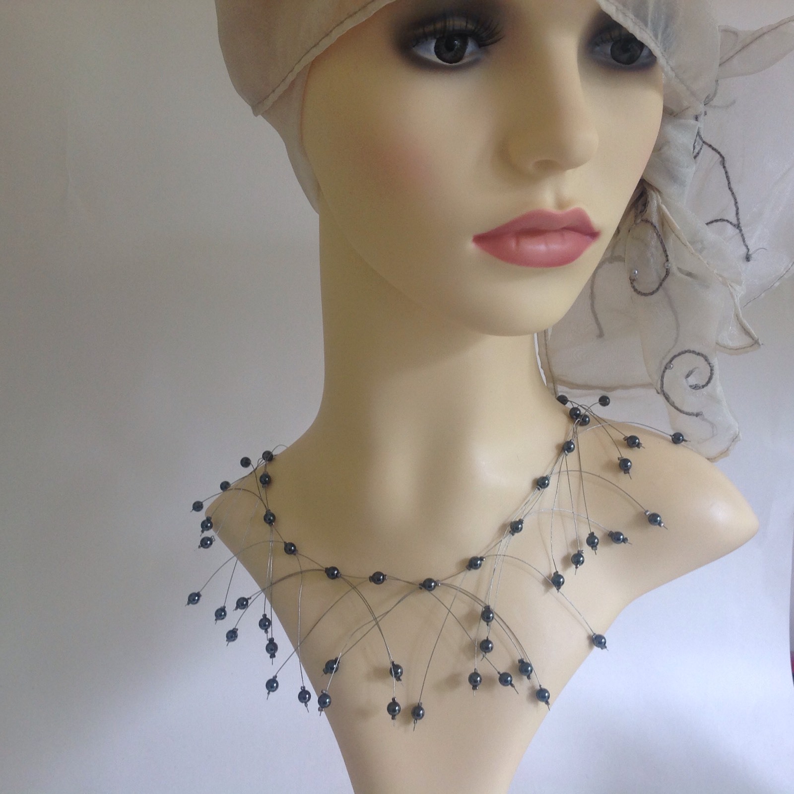 Handmade Delicate 16 Inch Necklace With Glass Pewter Beads And Steel Wire