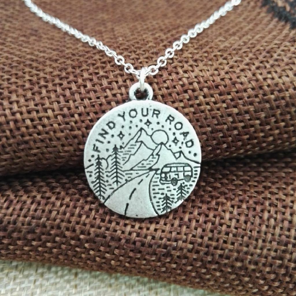 FIND YOUR ROAD NECKLACE 18″ Chain Small 0.75″ Pendant Outdoor Adventure Nature