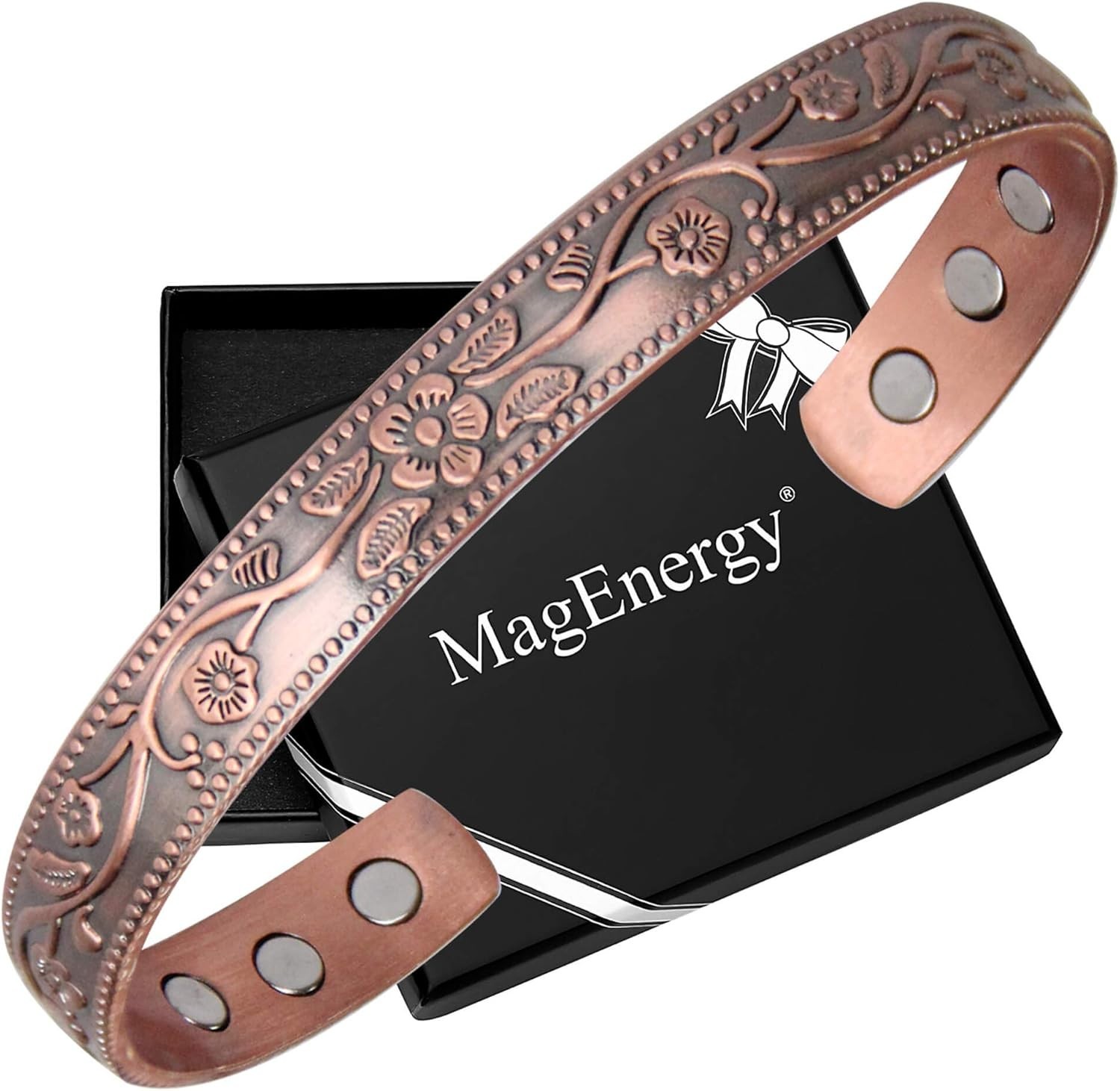99.9% Pure Copper Magnetic Bangle Bracelet – Adjustable Vintage Floral Design
