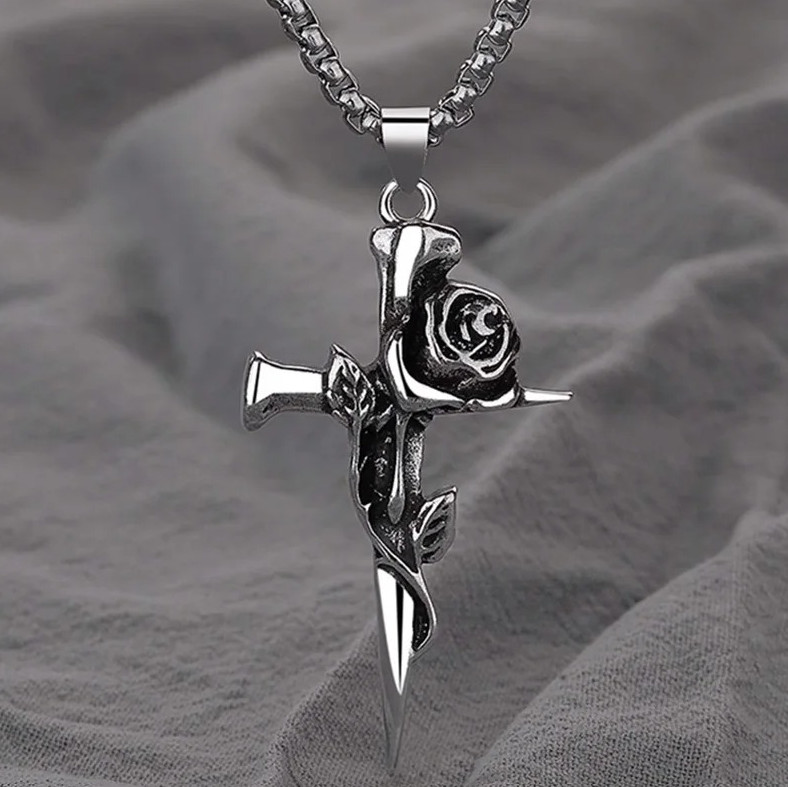 1pc Vintage Rose Cross Pendant Necklace Gothic Punk Jewelry Gothic Jewelry – NEW